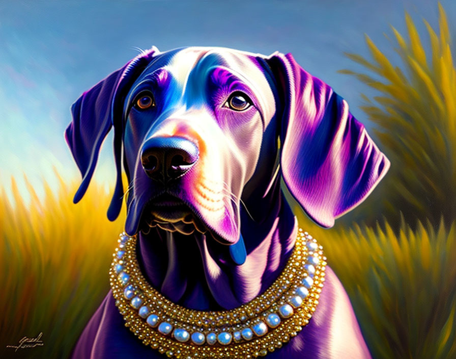 Colorful Great Dane with pearl necklaces on vibrant background