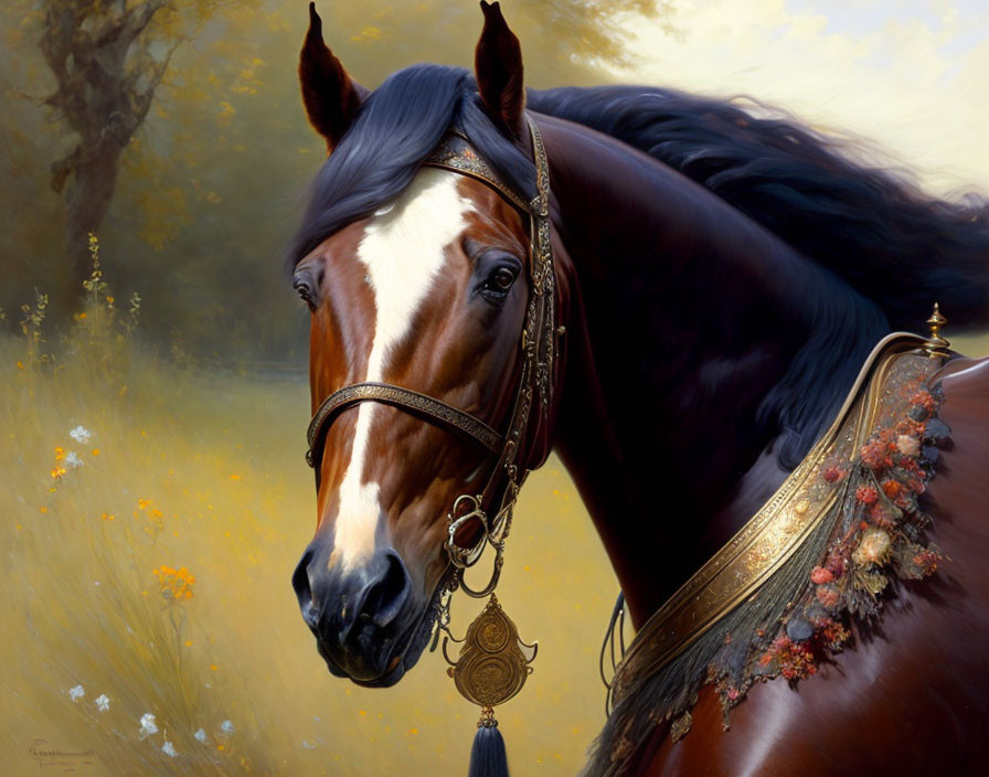 Detailed painting of majestic brown horse with white blaze, ornate bridle, and decorated saddle against nature