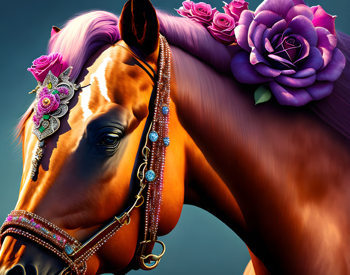 Decorated horse with purple rose and jewelry on blue background