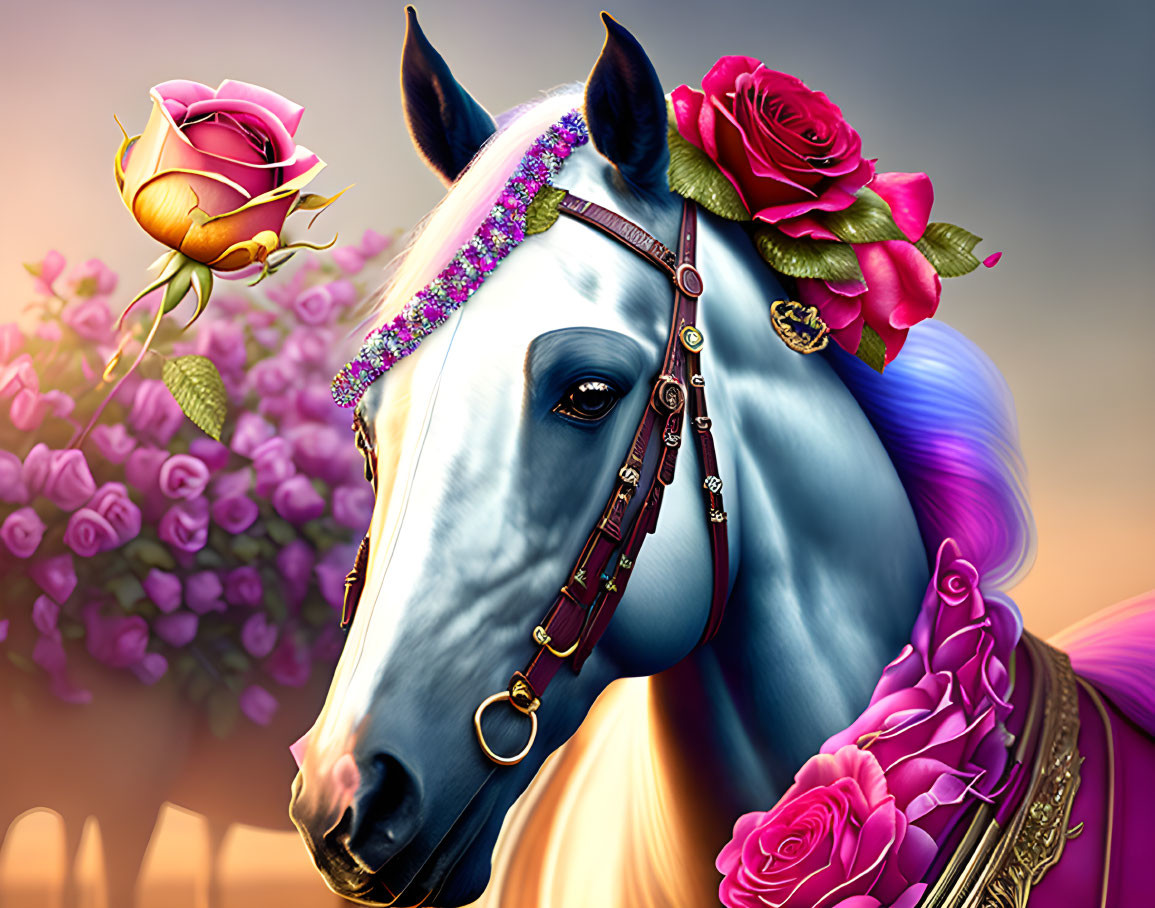 Blue-coated horse with floral adornments on a digital illustration.