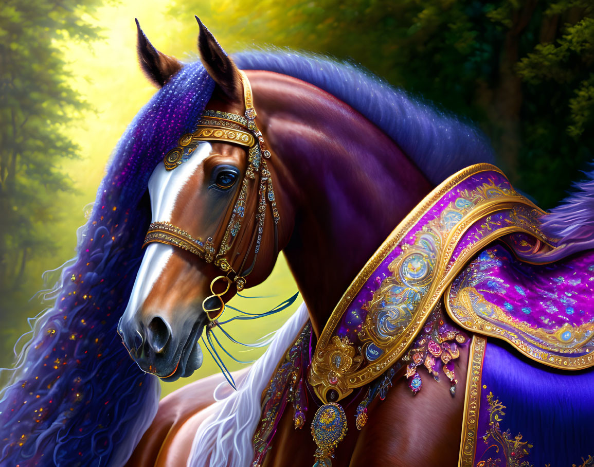 Majestic horse with purple and gold cloth in forest setting