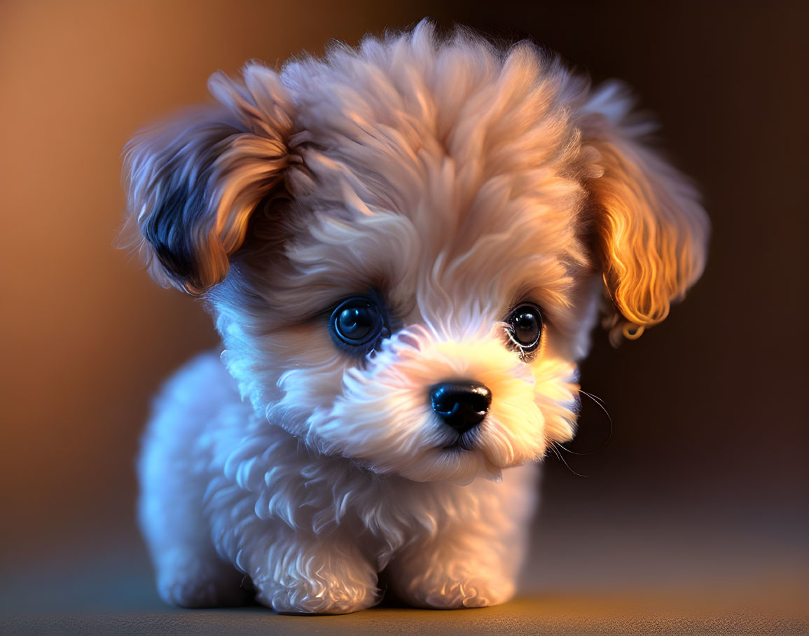 Fluffy tan puppy with blue eyes on gradient backdrop