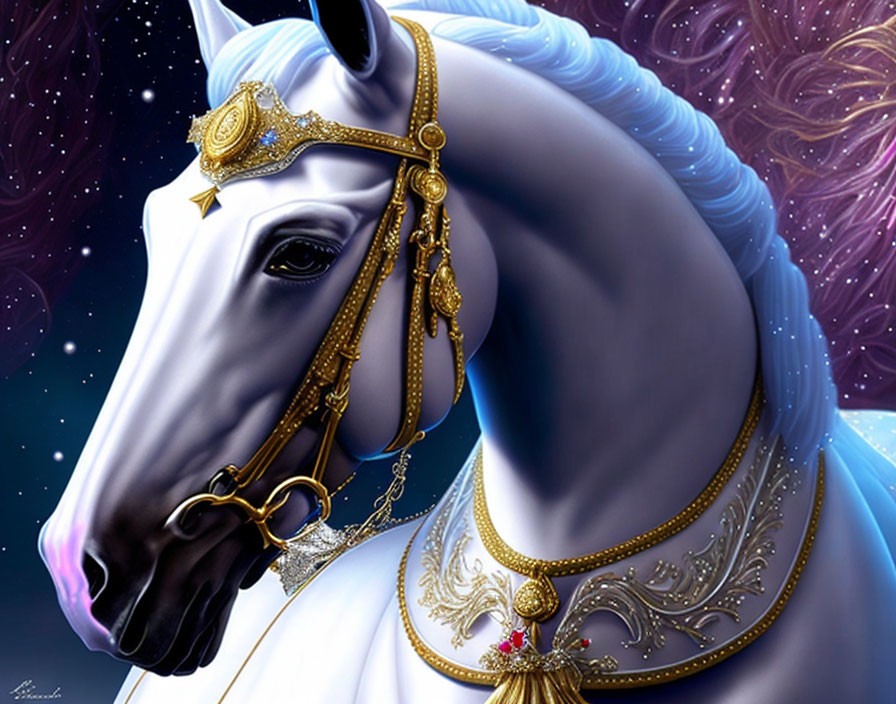 White Horse with Golden Bridle in Cosmic Setting