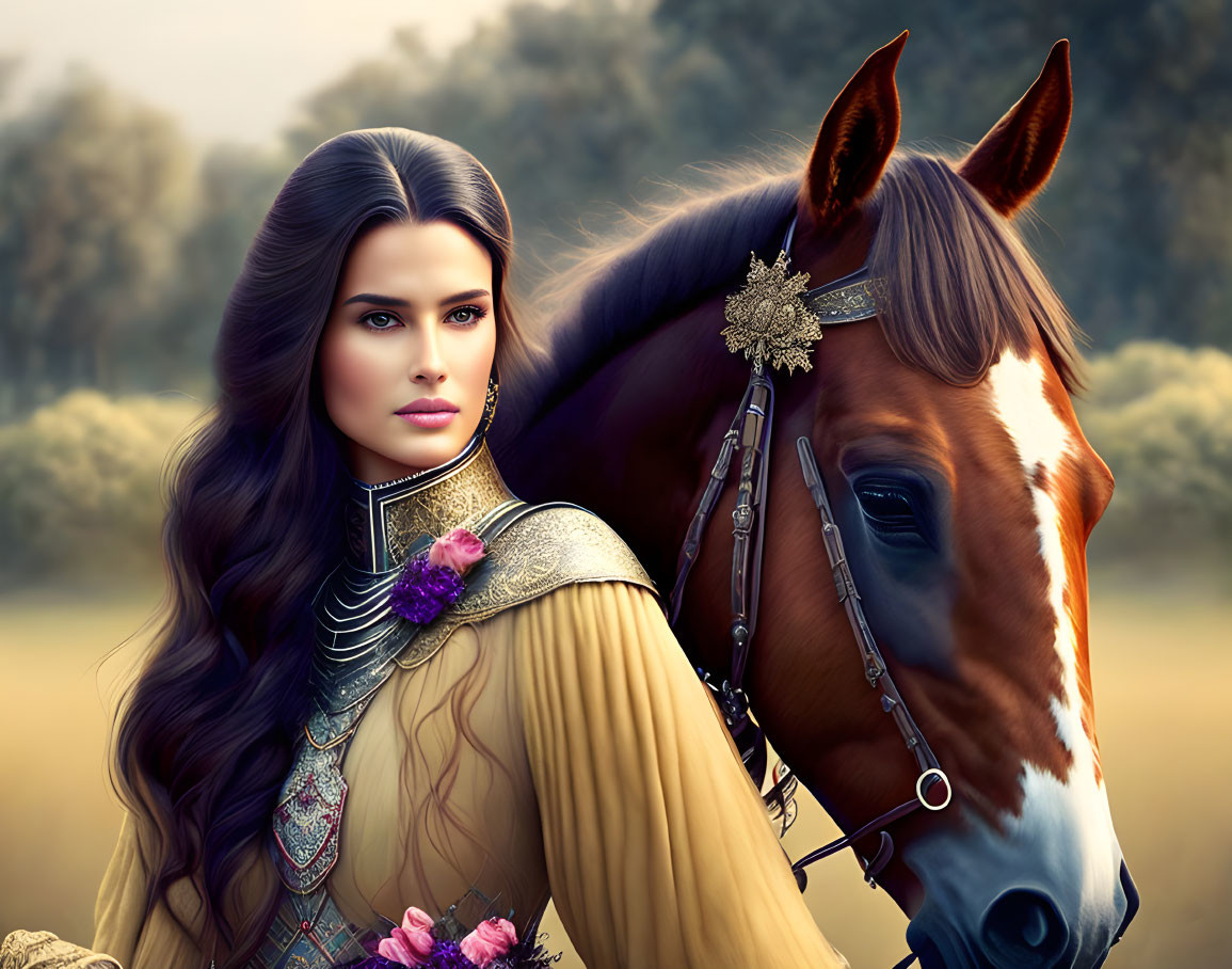 Woman with long dark hair in medieval outfit next to elegant horse