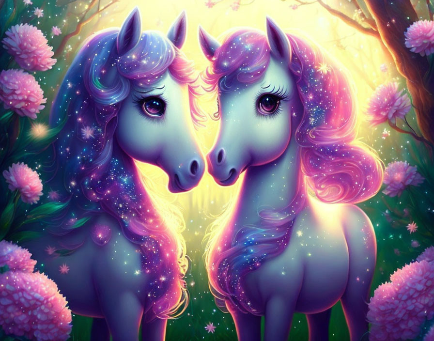 Stylized purple sparkly unicorns in magical forest