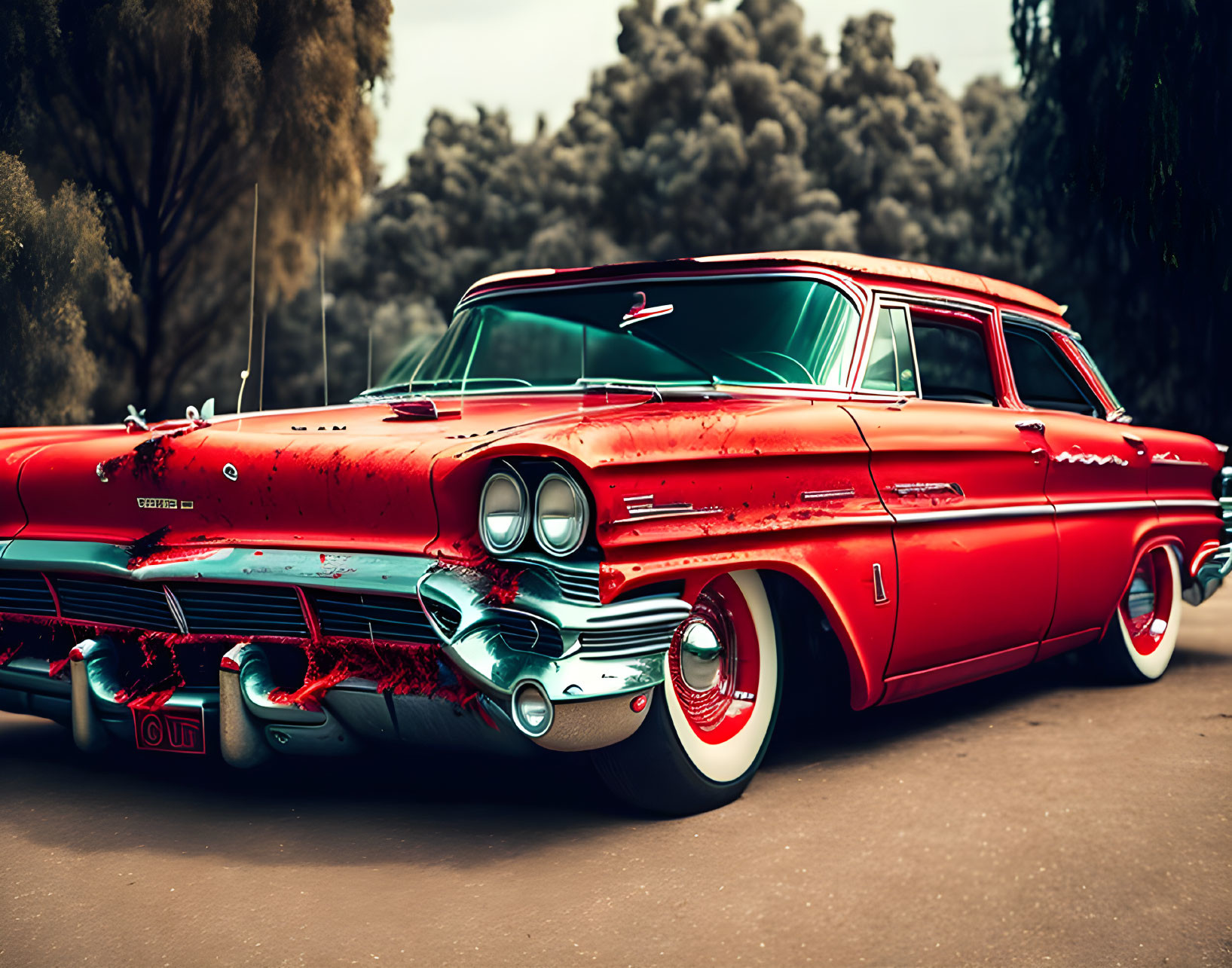 Classic Red Car with White-Wall Tires and Chrome Accents