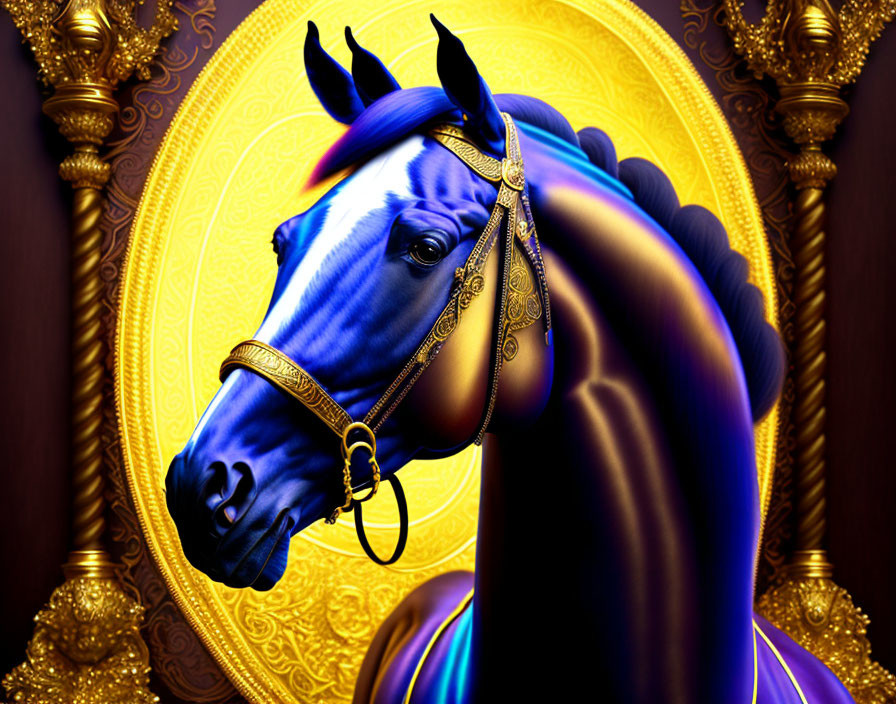 Blue horse with golden bridle on ornate gold-patterned background