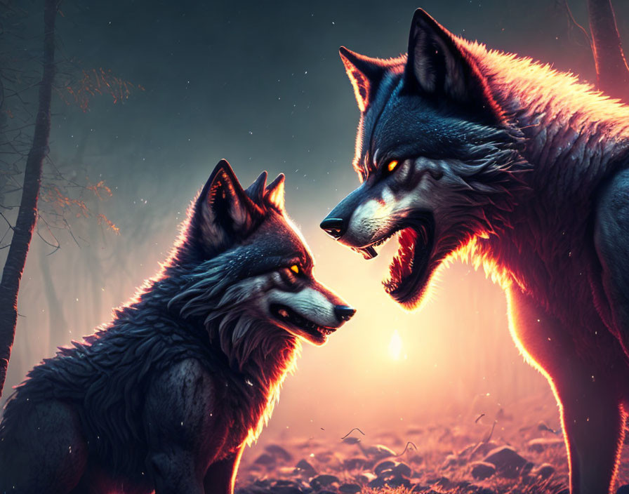 Mystical forest scene: Two snarling wolves under ethereal glow