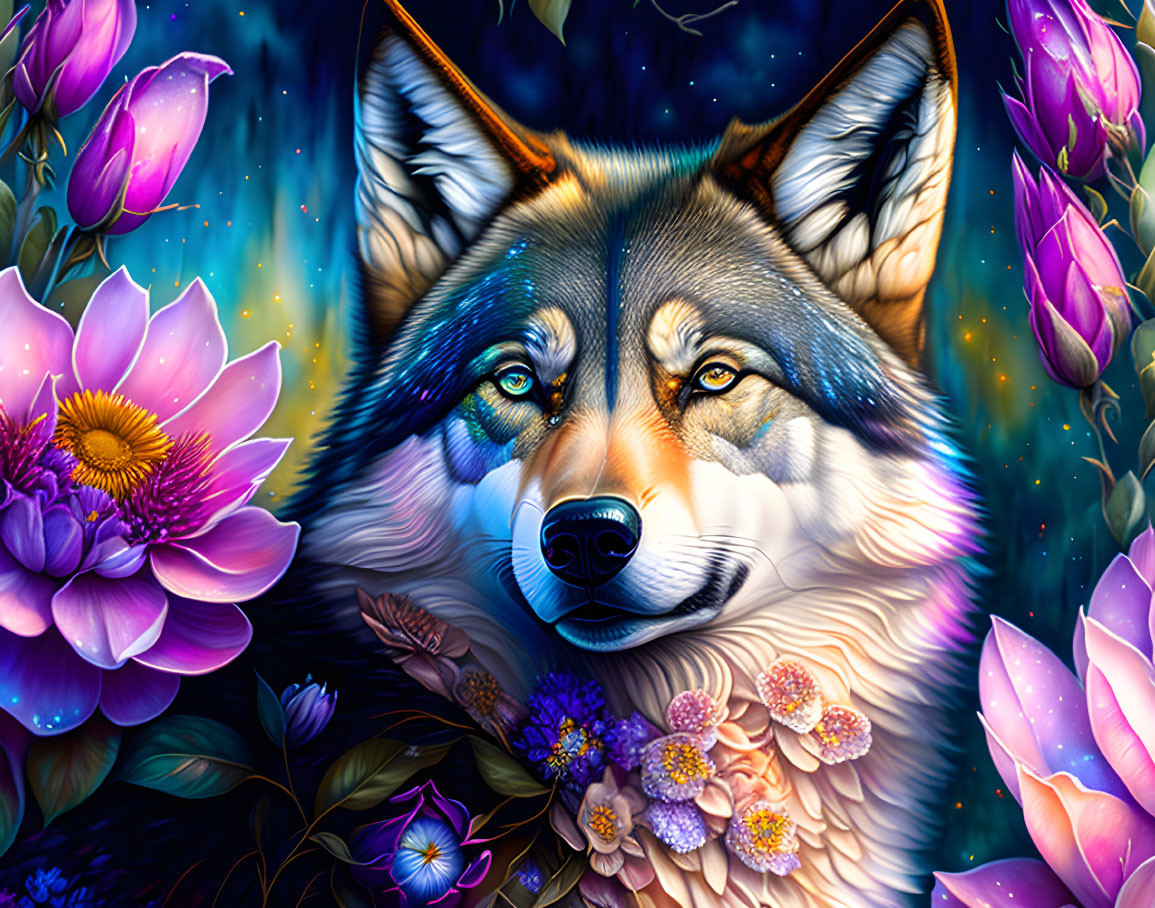 Colorful Wolf Head in Fantasy Floral Background