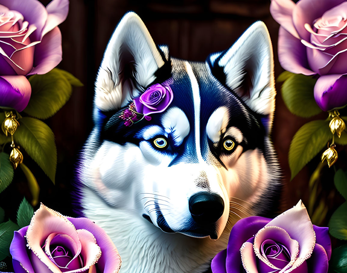 Digital Artwork: Husky with Blue Eyes & Purple Roses