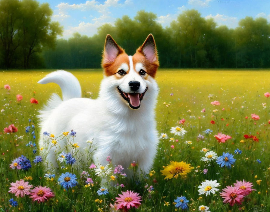 White and Brown Dog in Colorful Flower Field Under Sunny Sky