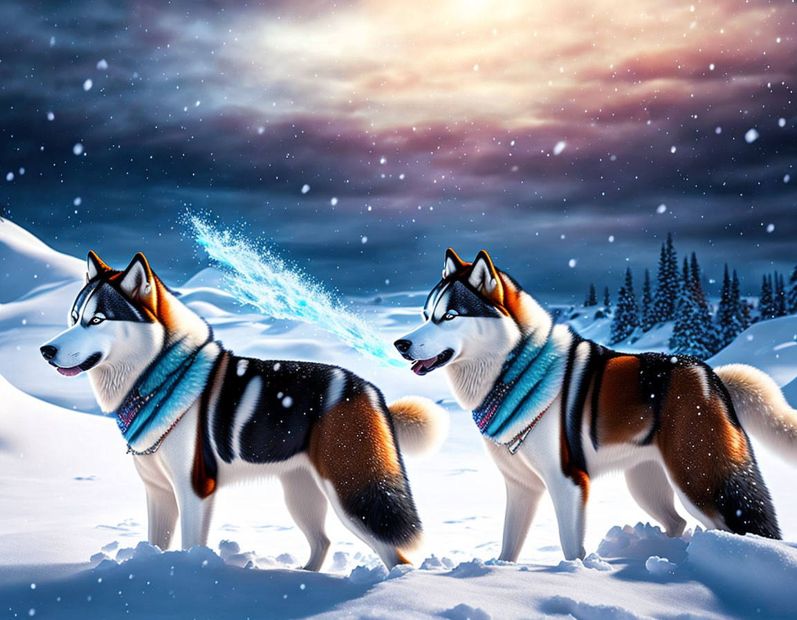 Siberian Huskies in scarves under colorful snowy sky