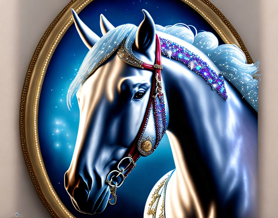 Majestic horse illustration with jeweled mane in celestial oval frame