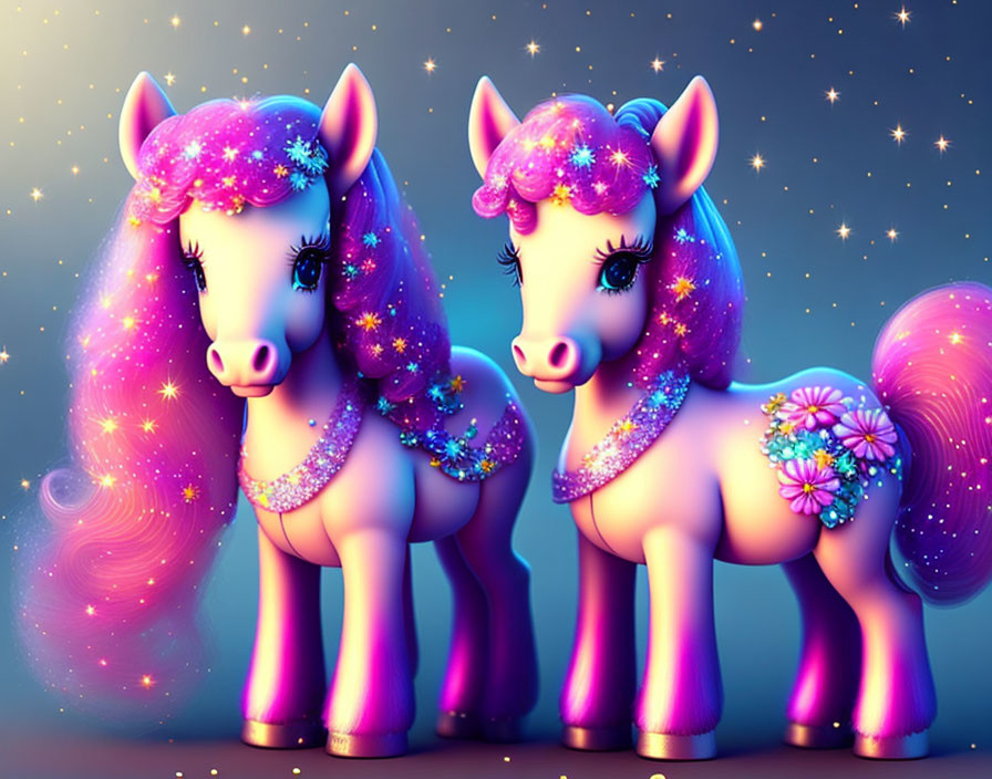 Sparkling pink unicorns with galaxy-themed features on starry background