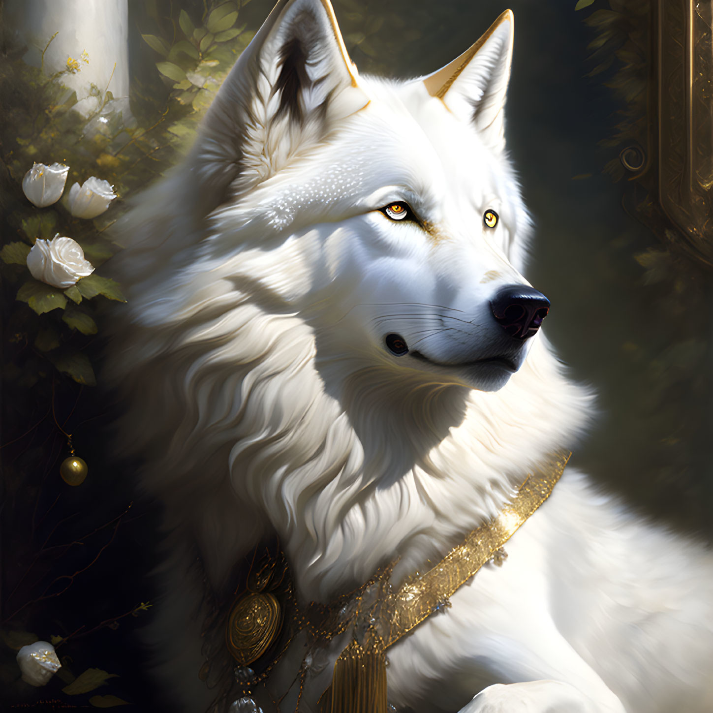 White Wolf with Yellow Eyes and Gold Jewelry in Lush Greenery