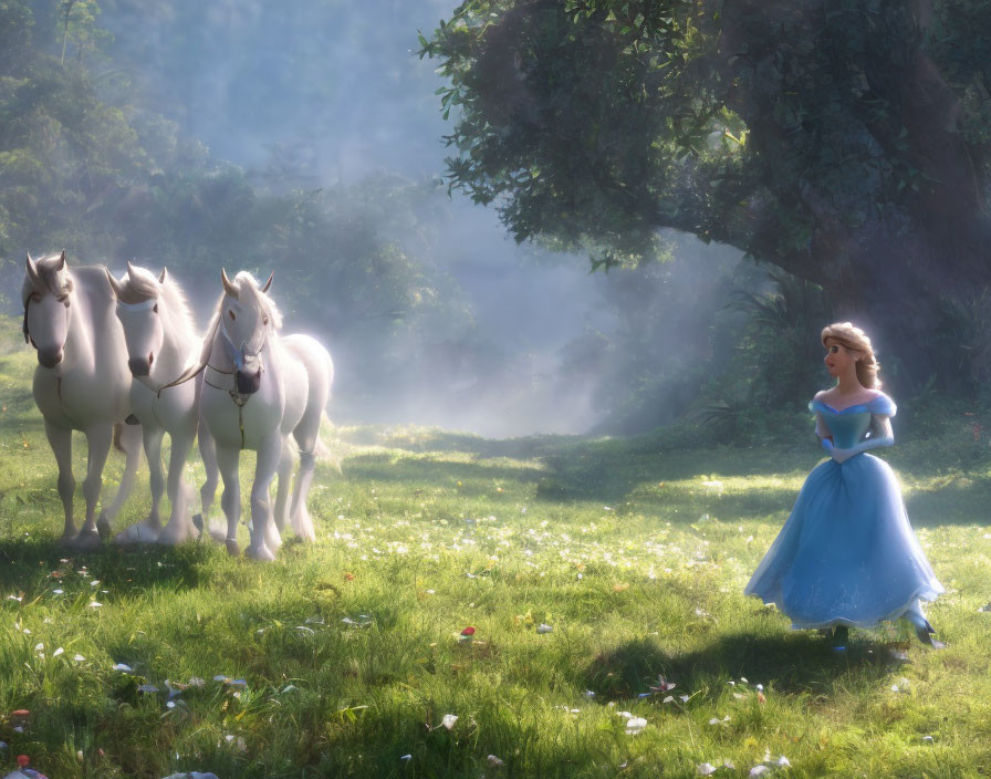 Woman in Blue Dress with Three White Horses in Sunlit Forest Clearing