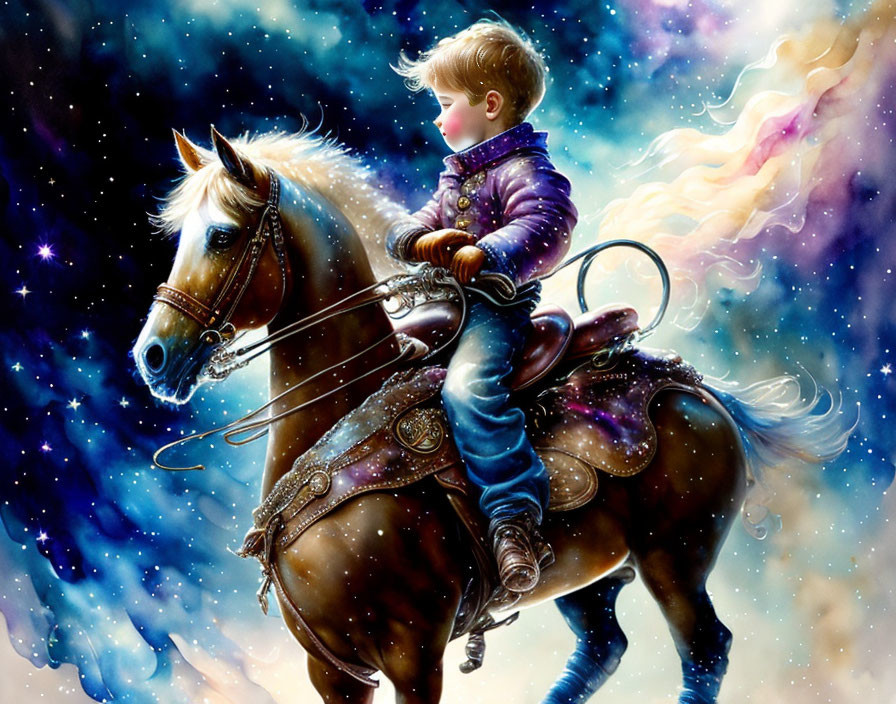 Young boy in purple jacket rides star-adorned horse in cosmic scene