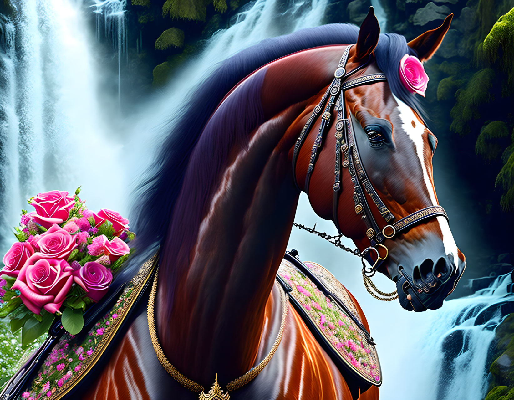 Majestic brown horse with decorative bridle and pink roses against lush waterfalls