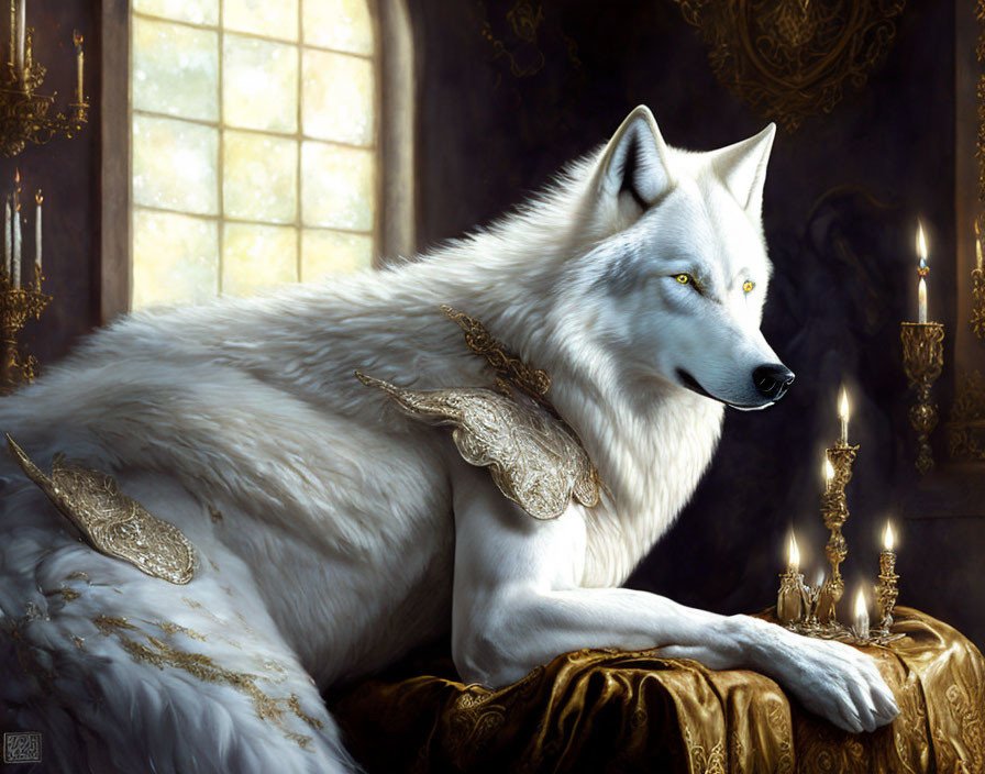 White Wolf with Gold Accents Resting on Ornate Bench in Luxurious Room