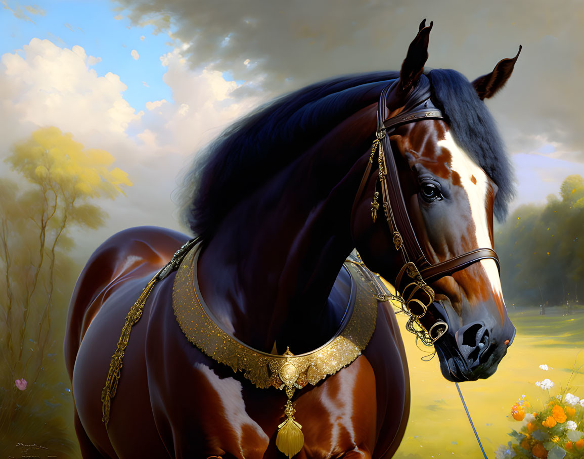 Majestic dark horse with glossy coat and gold tack in serene landscape