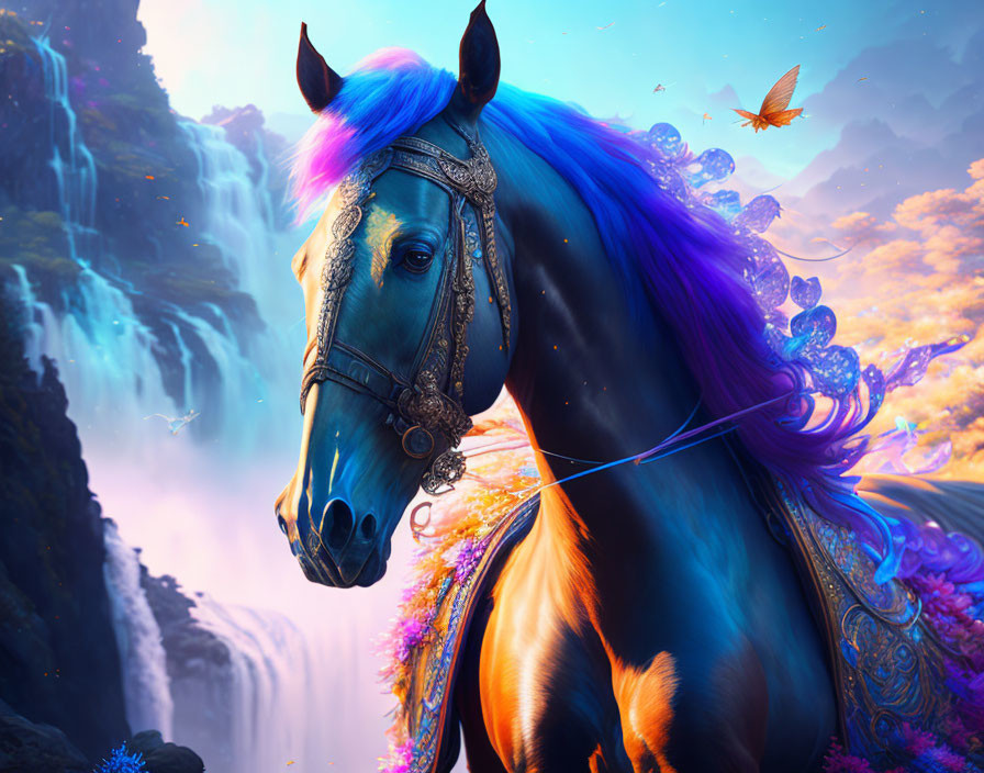 Majestic blue horse with vibrant mane near waterfall and butterflies