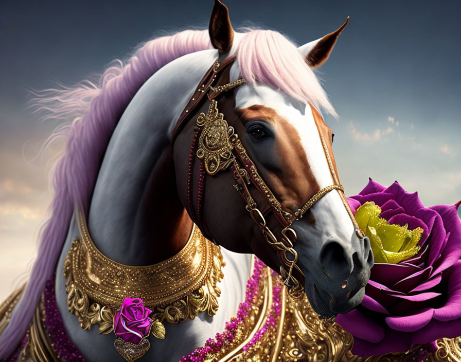 Majestic horse with purple mane and golden jeweled bridle beside a large purple rose