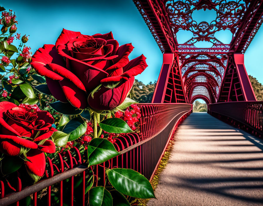 Vibrant red rose with blurred red bridge and blue sky.