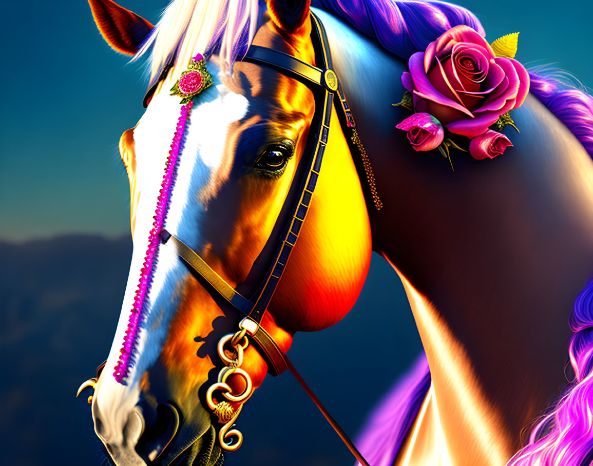 Vibrant digital artwork of a decorated horse on colorful background