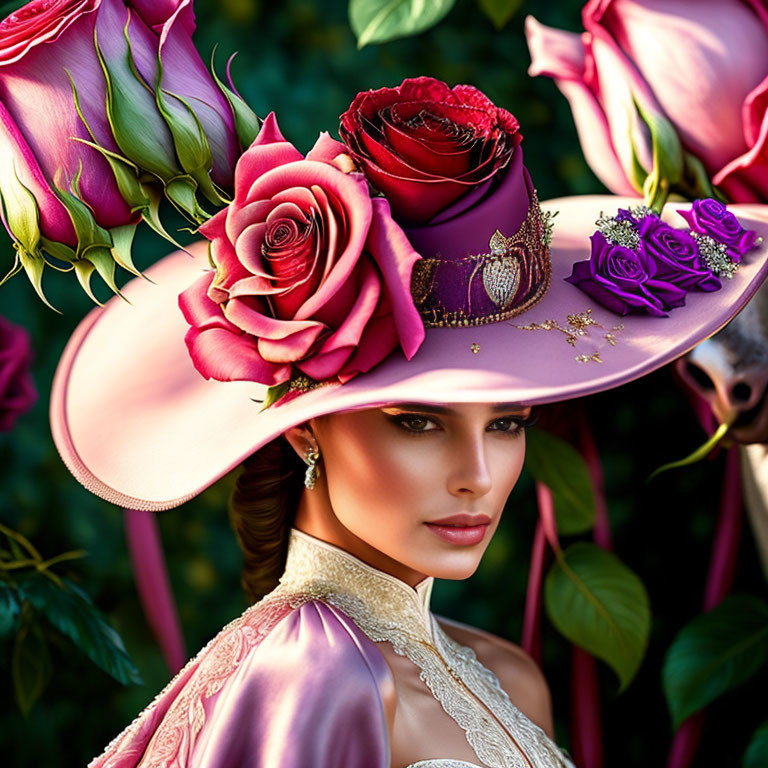 Woman in Pink Hat with Roses and Jewelry on Green Foliage Background