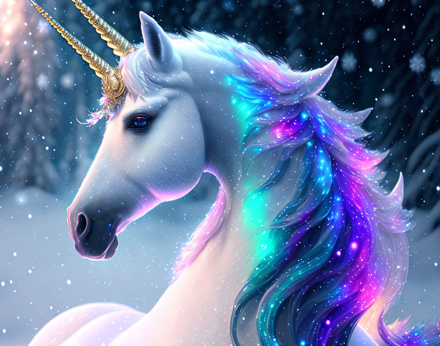 Majestic unicorn with rainbow mane in snowy starry scene