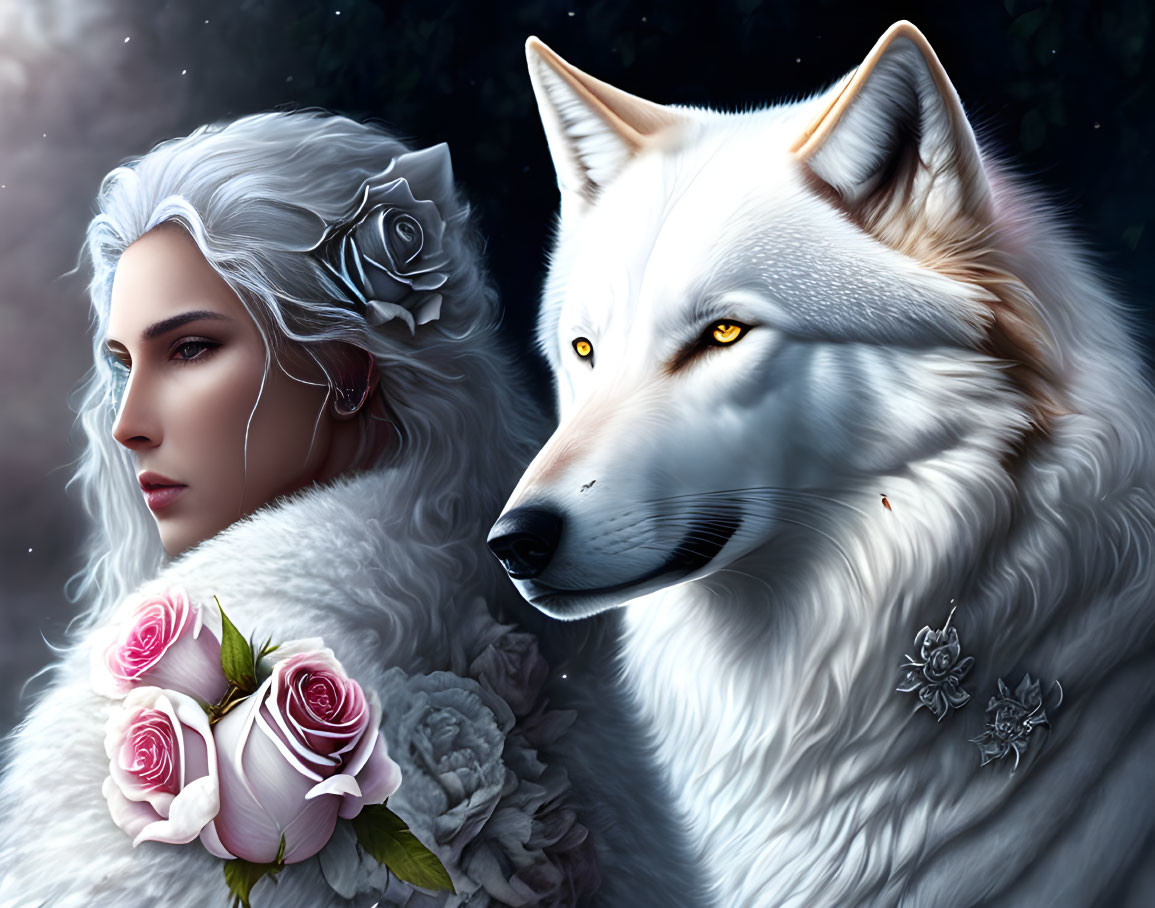 Fantasy illustration of woman with white hair and wolf with yellow eyes, adorned with roses and silver jewelry