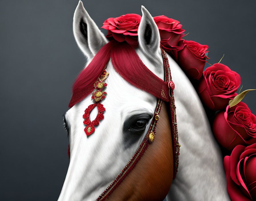 White Horse with Red Roses and Jewelry on Mane Against Dark Background