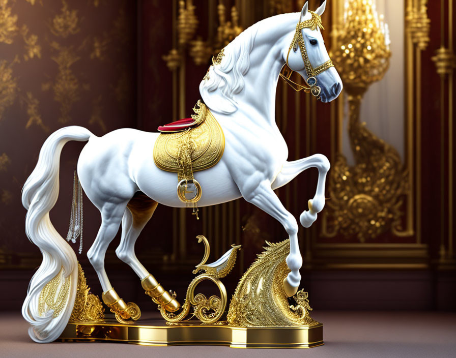 White Horse Figurine with Golden Embellishments on Golden Base