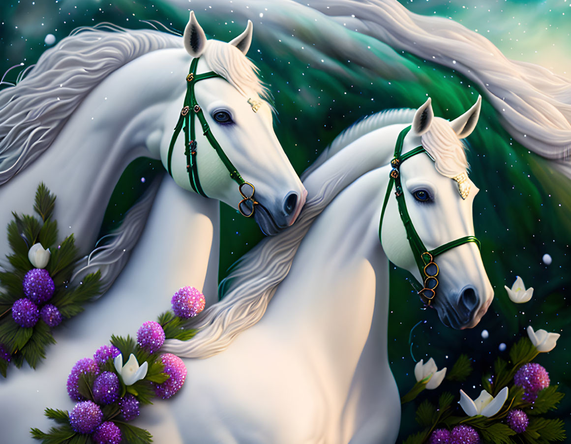 White Horses with Decorative Bridles in Purple Flower Field under Starry Sky