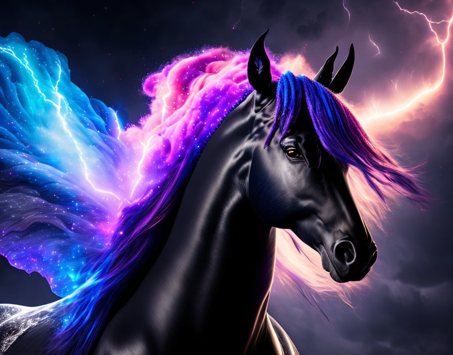 Fantastical black horse with vibrant blue and purple mane on stormy background