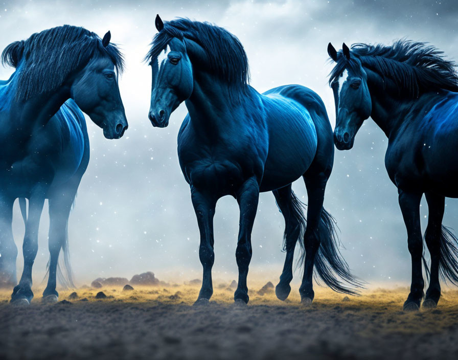 Three majestic black horses under dramatic blue sky