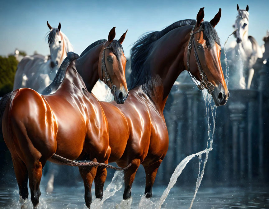 Majestic brown horses running in water under blue sky