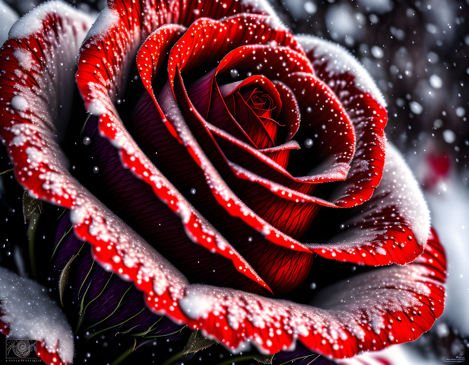 Red rose with white speckles on dark background - bokeh effect