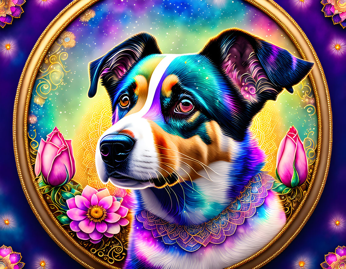 Vibrant Patchwork Dog Portrait in Ornate Frame