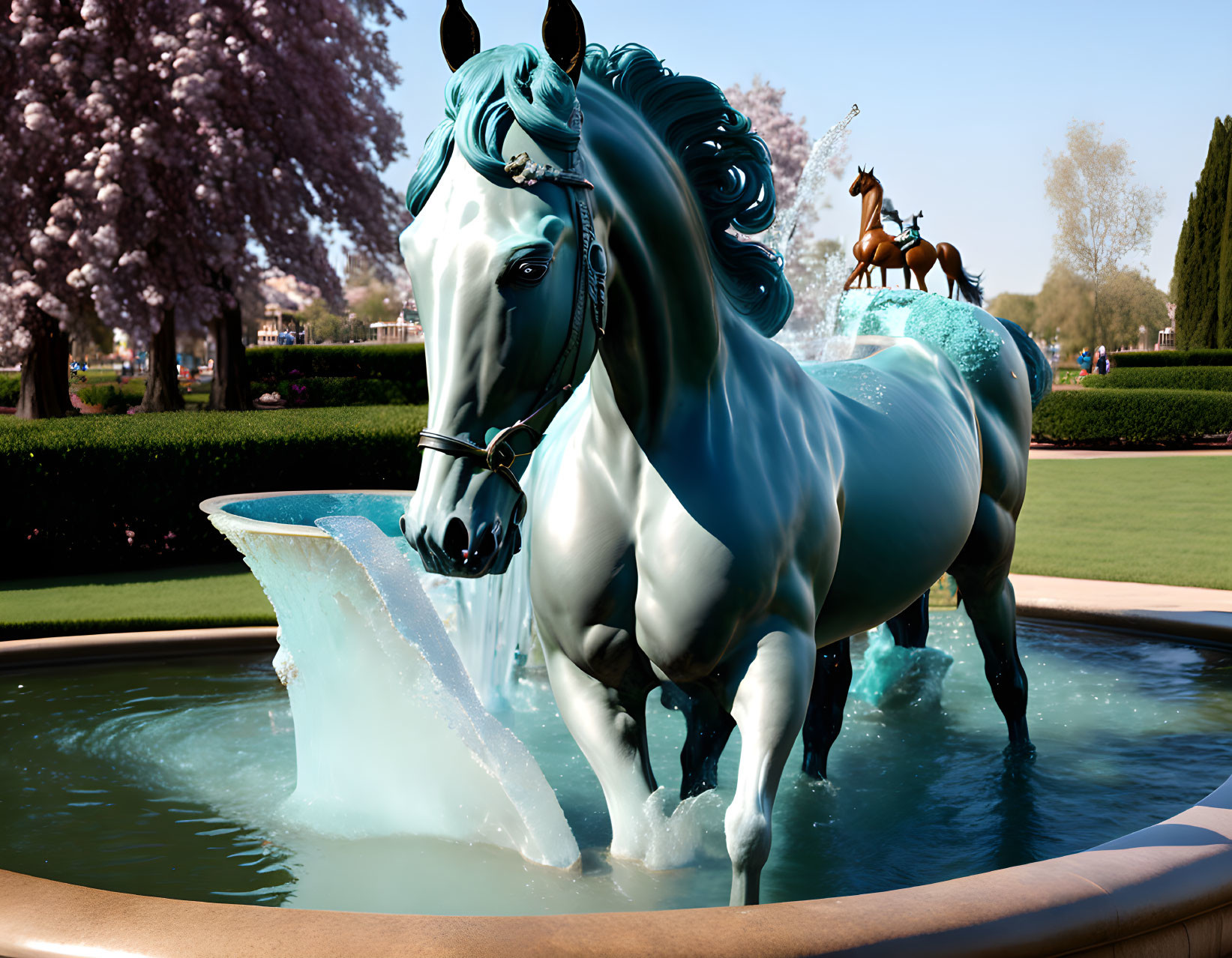 Blue-toned horse-shaped fountain sculpture in lush park setting