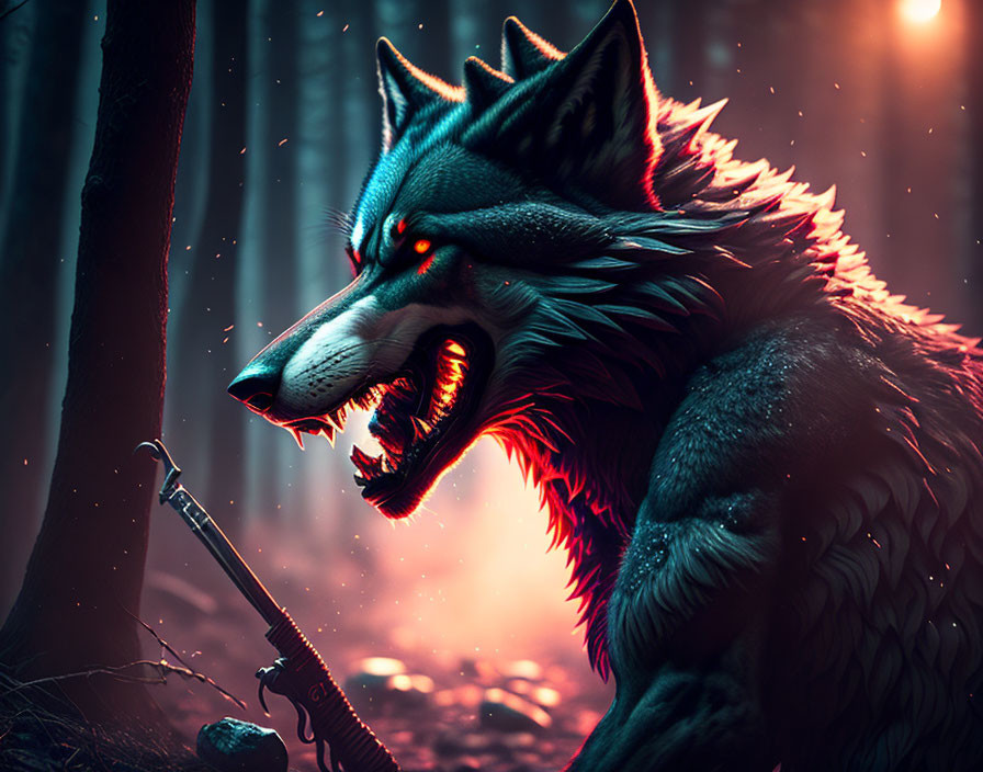 Ferocious wolf with glowing red eyes in dark forest with mystical red lighting and sword