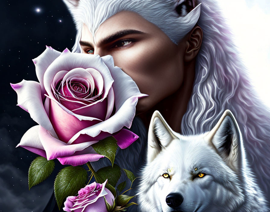 Fantasy illustration of person with wolf features holding a rose with white wolf on night sky backdrop