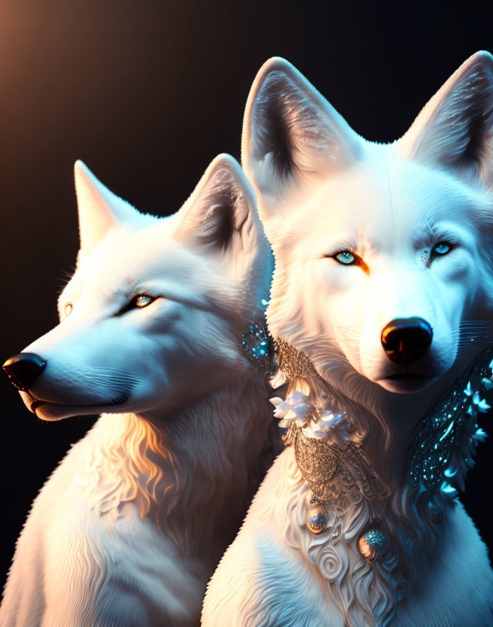 White Wolves with Silver Jewelry on Dark Background