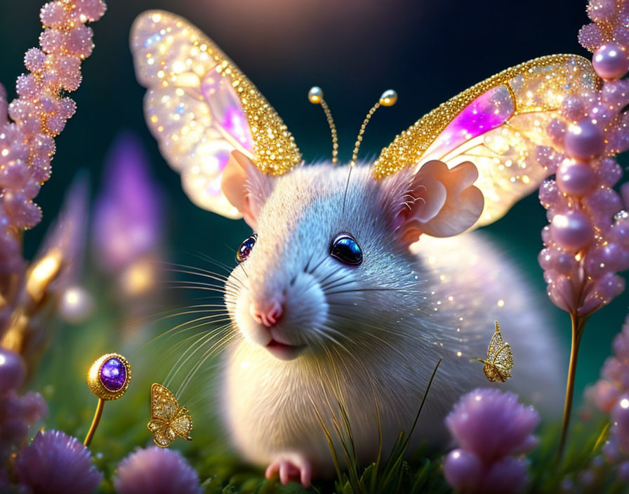 Whimsical mouse with butterfly wings in a floral setting