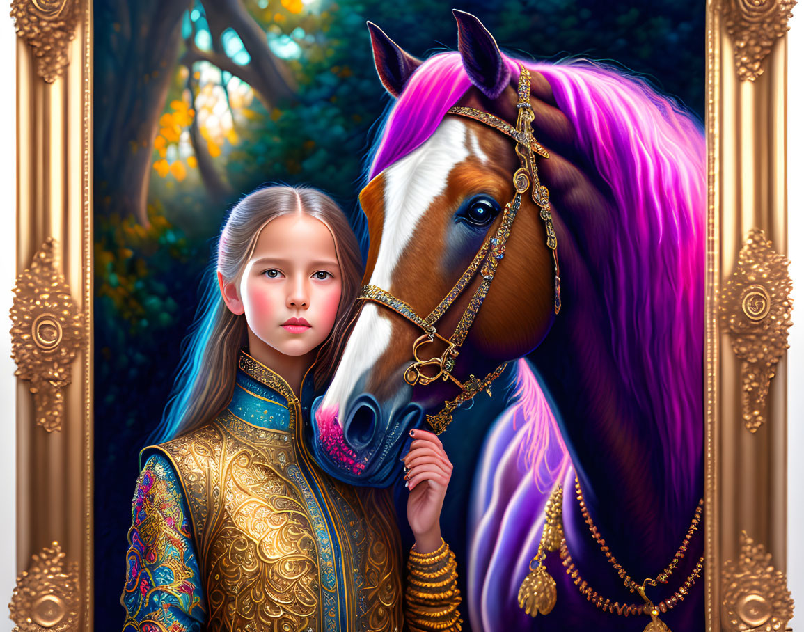 Girl in ornate clothing beside horse with purple mane in golden frame against autumnal forest.