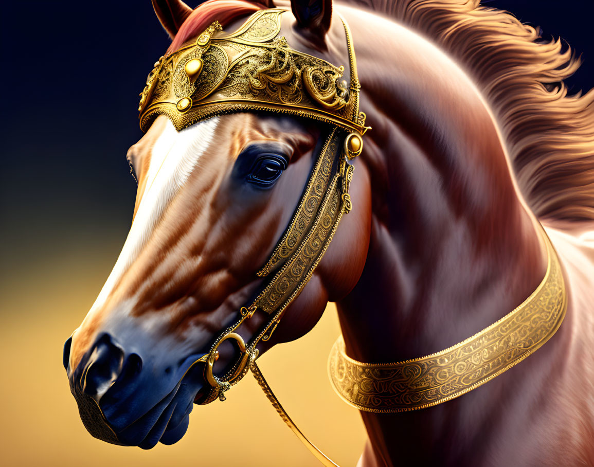 Majestic chestnut horse with detailed bridlework on dark background