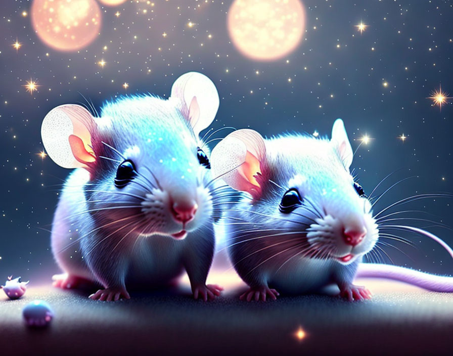 Cartoon mice under starry night sky with glowing orbs and sparkling lights