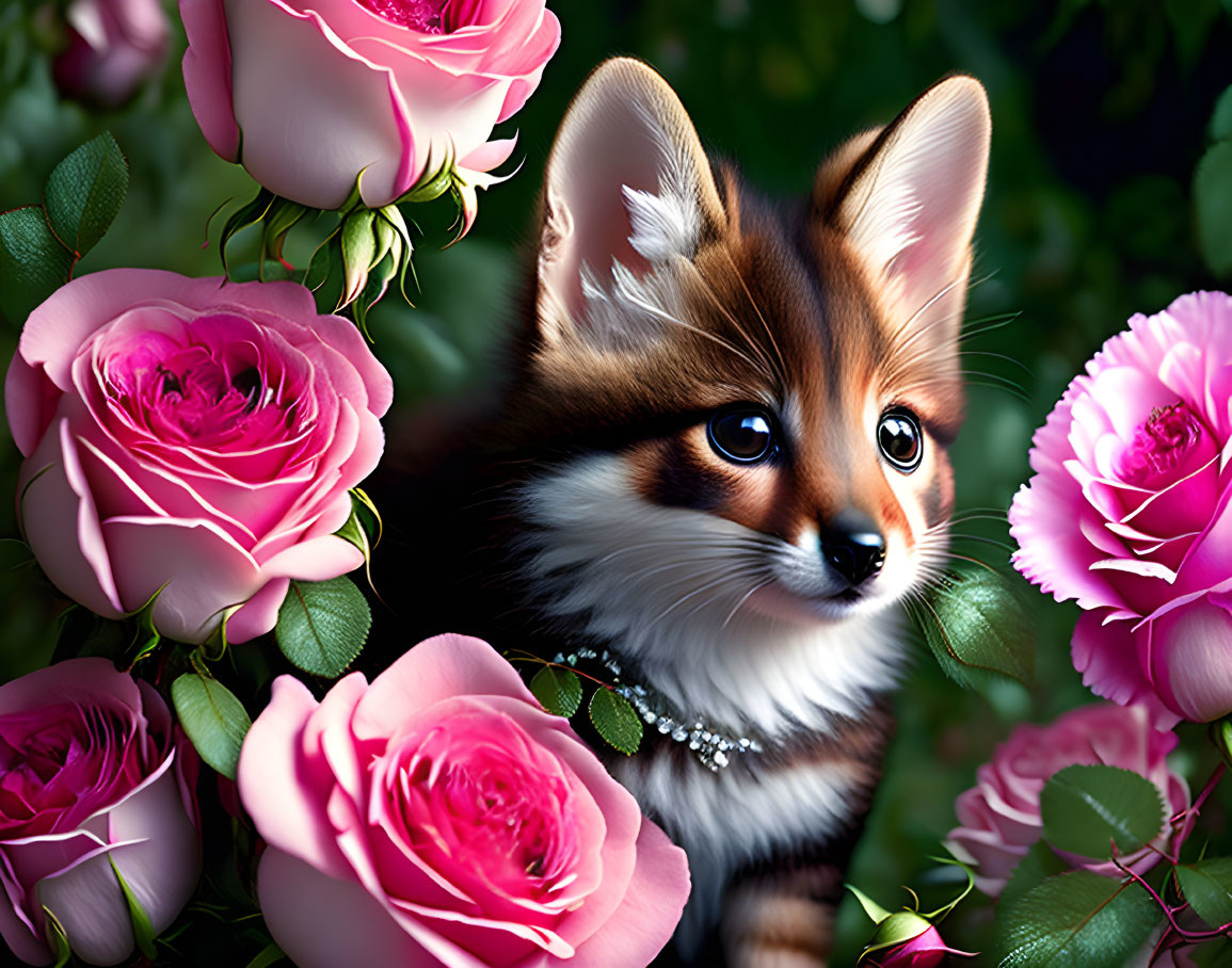 Adorable fox pup with big ears in pink rose garden