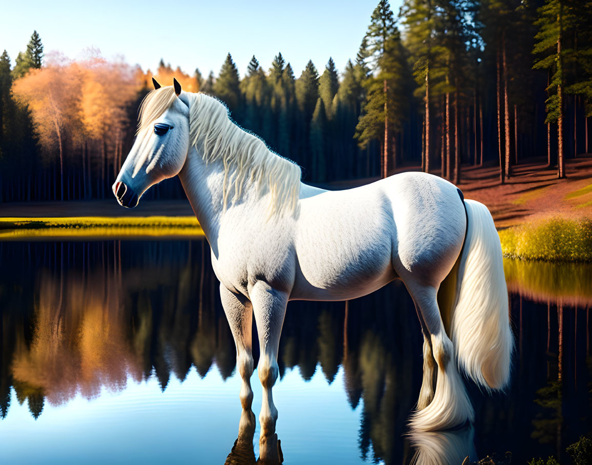 White Horse by Tranquil Lake with Forest Backdrop