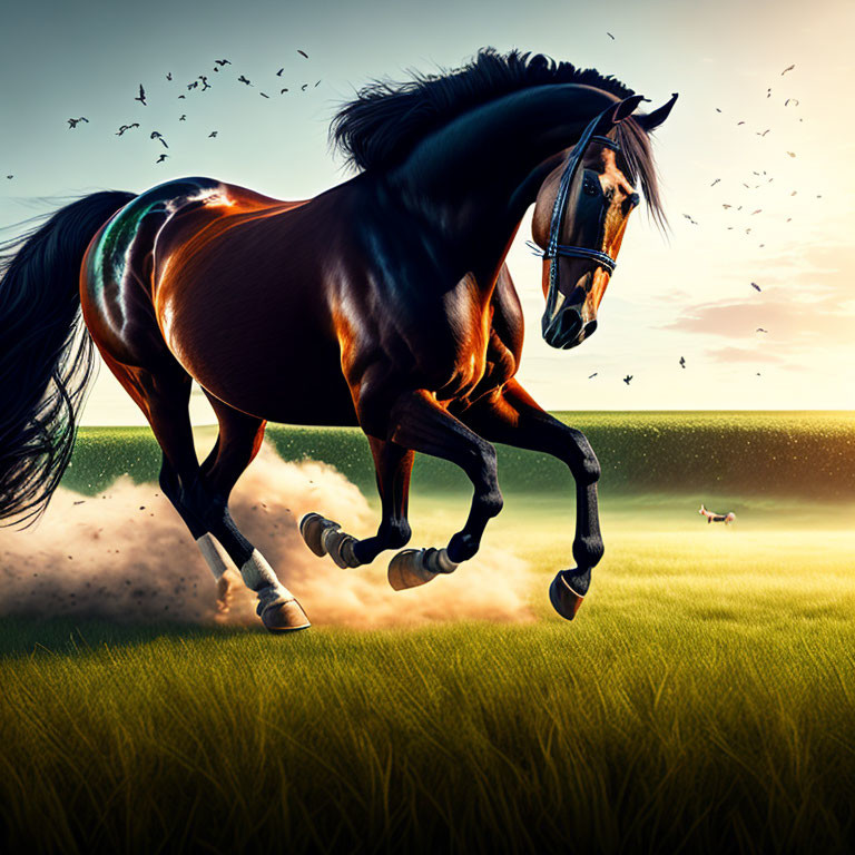 Majestic bay horse galloping in grassy field with dramatic sky and birds.